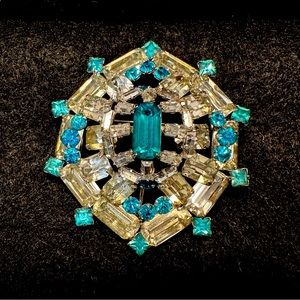 Unique and Extraordinary Vintage Brooch With Blue and Clear Rhinestones